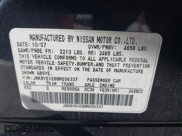 2008 Infiniti G35 Journey with VIN JNKBV61E88M206337, listed as a IAAI auction lot 42083882 with 174,451 mi miles and . Bid and sale history available at DreamBid. Image 9.