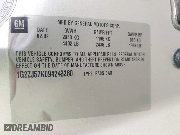 2009 Pontiac G6 1SB with VIN 1G2ZJ57K094243360, listed as a IAAI auction lot 41904278 with 144,346 mi miles and . Bid and sale history available at DreamBid. Image 9.