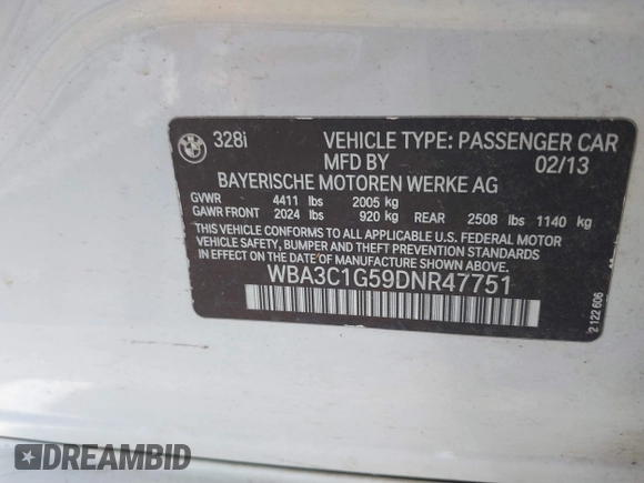 2013 BMW 3 Series 328i with VIN WBA3C1G59DNR47751, listed as a IAAI auction lot 39769891 with Not Provided miles and . Bid and sale history available at DreamBid. Image 9.