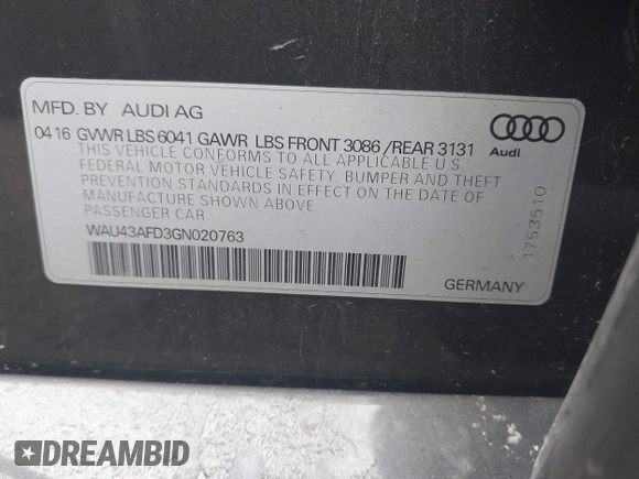 2016 Audi A8 L 4.0T Sport with VIN WAU43AFD3GN020763, listed as a IAAI auction lot 41951858 with 104,563 mi miles. Bid and sale history available at carsss.com. Image 9.