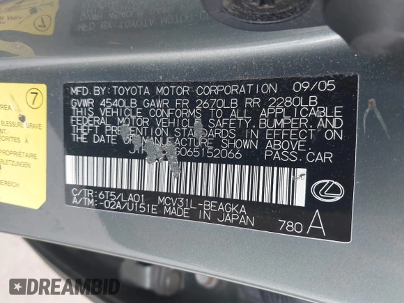 2006 Lexus ES 350 with VIN JTHBA30G065152066, listed as a IAAI auction lot 42242124 with 194,959 mi miles and . Bid and sale history available at DreamBid. Image 9.