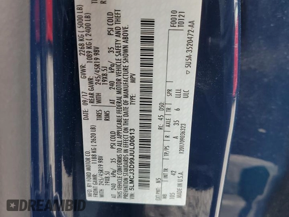 2018 Lincoln MKC Reserve with VIN 5LMCJ3D99JUL00613, listed as a Copart auction lot 58193055 with 52,083 mi miles and Salvage title. Bid and sale history available at DreamBid. Image 13.