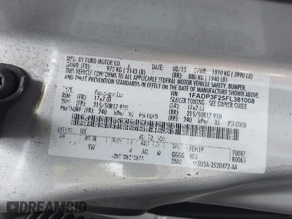 2015 Ford Focus SE with VIN 1FADP3F25FL381008, listed as a IAAI auction lot 42413322 with 106,353 mi miles and . Bid and sale history available at DreamBid. Image 9.