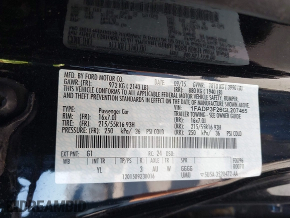 2016 Ford Focus SE with VIN 1FADP3F26GL207465, listed as a IAAI auction lot 41991122 with 133,195 mi miles. Bid and sale history available at carsss.com. Image 9.