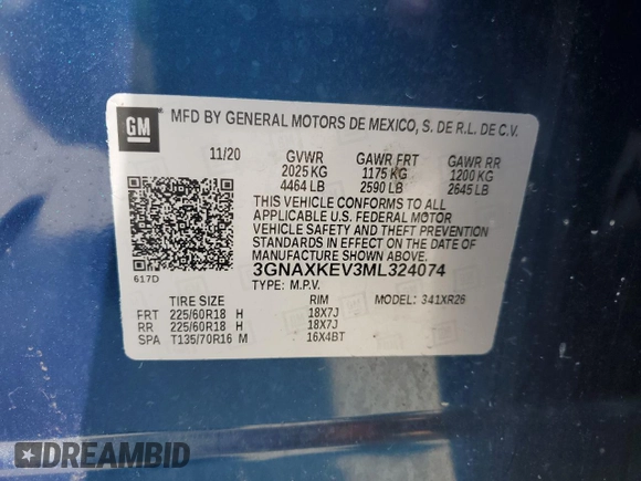 2021 Chevrolet Equinox LT with VIN 3GNAXKEV3ML324074, listed as a Copart auction lot 62095445 with 54,073 mi miles and Salvage title. Bid and sale history available at DreamBid. Image 14.