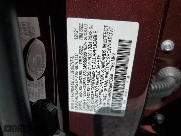2022 Honda Pilot Special Edition with VIN 5FNYF6H2XNB030268, listed as a Copart auction lot 47570775 with 43,734 mi miles and Non Repairable. Bid and sale history available at carsss.com. Image 13.