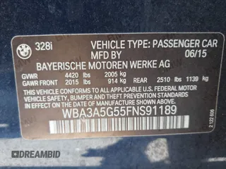 2015 BMW 3 Series 328i with VIN WBA3A5G55FNS91189, listed as a IAAI auction lot 41296279 with 115,120 mi miles. Bid and sale history available at carsss.com. Image 9.