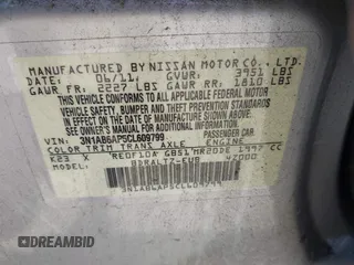 2012 Nissan Sentra SL with VIN 3N1AB6AP5CL609799, listed as a IAAI auction lot 42545511 with 178,703 mi miles and . Bid and sale history available at DreamBid. Image 9.