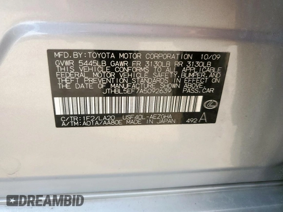 2010 Lexus LS 460 with VIN JTHBL5EF7A5092639, listed as a Copart auction lot 58069975 with 186,078 mi miles and Salvage title. Bid and sale history available at DreamBid. Image 12.