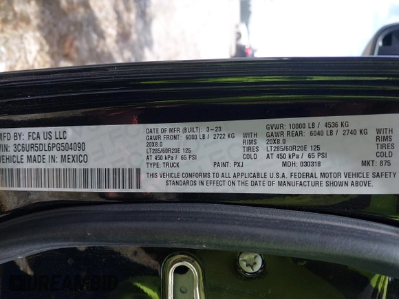 2023 Ram 2500 Big Horn with VIN 3C6UR5DL6PG504090, listed as a IAAI auction lot 42512380 with 50,231 mi miles and . Bid and sale history available at DreamBid. Image 18.
