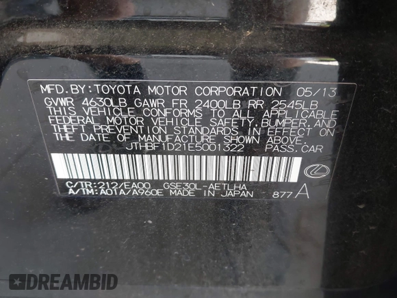 2014 Lexus IS 250 with VIN JTHBF1D21E5001322, listed as a IAAI auction lot 42620727 with 98,573 mi miles and . Bid and sale history available at DreamBid. Image 9.