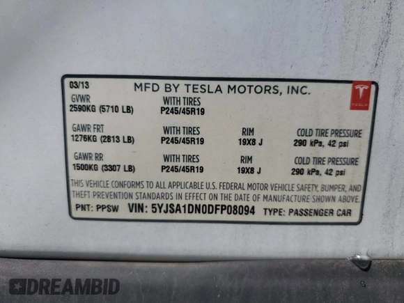 2013 Tesla Model S z VIN 5YJSA1DN0DFP08094, wystawiony jako Copart lot #60047045 z przebiegiem 137 434 mil mil oraz Szkoda całkowita • Salvage title. Historia ofert i sprzedaży dostępna na DreamBid. Obrazek 14.