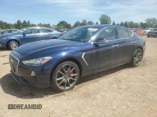 2020 Genesis G70 3.3T with VIN KMTG34LE1LU057651, listed as a Copart auction lot 55843665 with 64,583 mi miles and Salvage title. Bid and sale history available at DreamBid. Image 1.