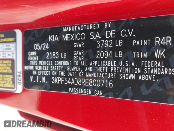 2024 Kia Forte GT-Line with VIN 3KPF54AD8RE800716, listed as a IAAI auction lot 41743373 with 9,667 mi miles. Bid and sale history available at carsss.com. Image 9.