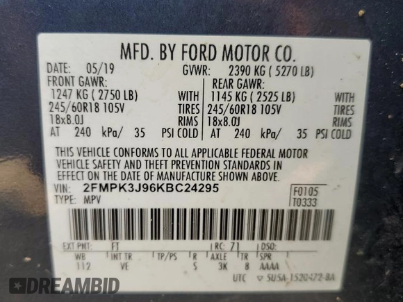 2019 Ford Edge SEL with VIN 2FMPK3J96KBC24295, listed as a Copart auction lot 59392235 with 112,075 mi miles and Salvage title. Bid and sale history available at DreamBid. Image 13.