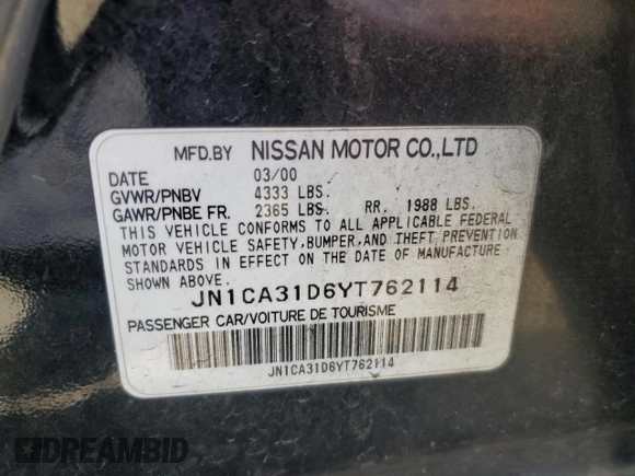 2000 Nissan Maxima GXE z VIN JN1CA31D6YT762114, wystawiony jako Copart lot #57908775 z przebiegiem 207 805 mil mil oraz Szkoda całkowita • Salvage title. Historia ofert i sprzedaży dostępna na DreamBid. Obrazek 12.