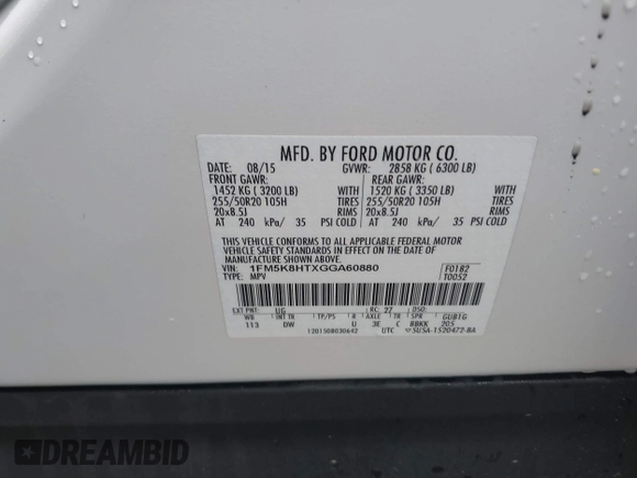 2016 Ford Explorer Platinum with VIN 1FM5K8HTXGGA60880, listed as a IAAI auction lot 41972719 with 113,081 mi miles and . Bid and sale history available at DreamBid. Image 9.