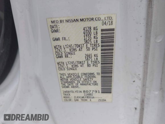 2018 Nissan NV Cargo S z VIN 1N6BF0LY0JN807791, wystawiony jako IAAI lot #41868591 z przebiegiem 128 813 mil mil oraz . Historia ofert i sprzedaży dostępna na DreamBid. Obrazek 9.
