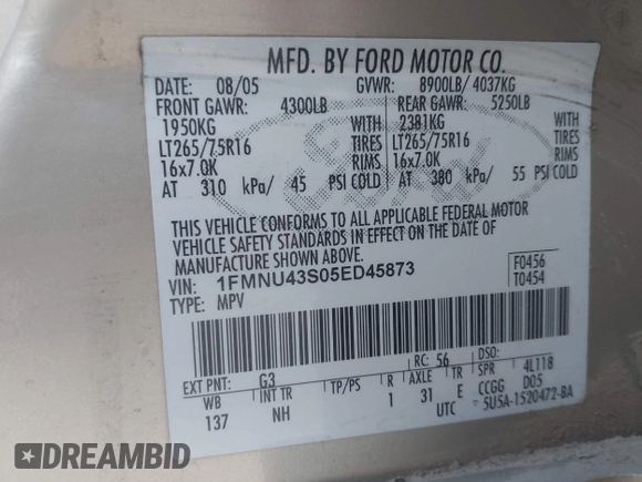 2005 Ford Excursion Limited с VIN 1FMNU43S05ED45873, выставлен на аукционе IAAI как лот 42627527 с пробегом 398 813 миль миль и . История ставок и продаж доступна на DreamBid. Изображение 9.