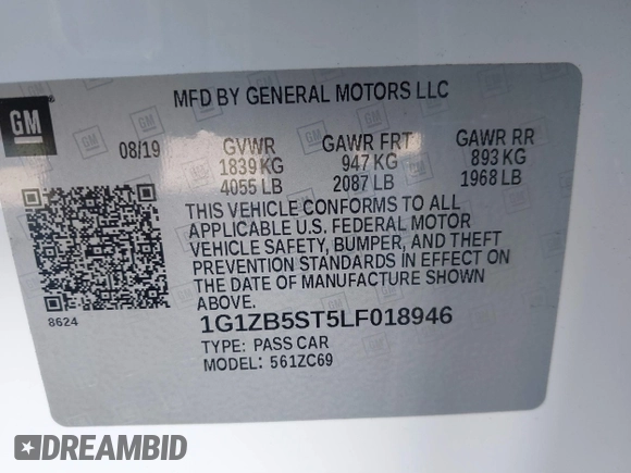 2020 Chevrolet Malibu LS with VIN 1G1ZB5ST5LF018946, listed as a IAAI auction lot 41289259 with 60,958 mi miles and . Bid and sale history available at DreamBid. Image 9.