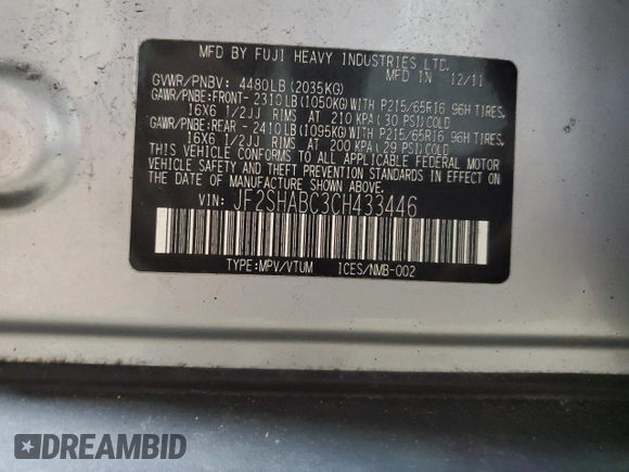 2012 Subaru Forester 2.5X with VIN JF2SHABC3CH433446, listed as a Copart auction lot 54844715 with 91,740 mi miles and Clean Title. Bid and sale history available at carsss.com. Image 13.