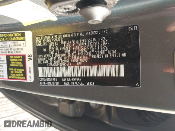 2013 Toyota Venza LE with VIN 4T3BA3BB4DU045501, listed as a IAAI auction lot 40117866 with 184,089 mi miles. Bid and sale history available at carsss.com. Image 9.