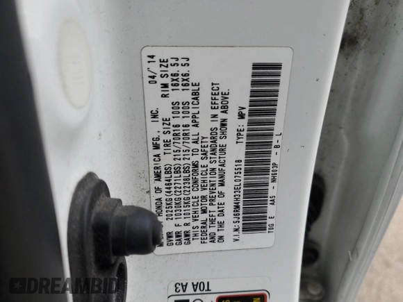 2014 Honda CR-V LX with VIN 5J6RM4H33EL075518, listed as a Copart auction lot 86365234 with 106,164 mi miles and Salvage Title. Bid and sale history available at carsss.com. Image 14.