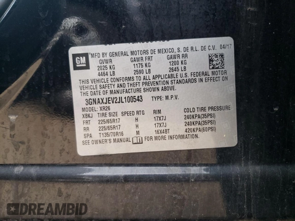 2018 Chevrolet Equinox LT with VIN 3GNAXJEV2JL100543, listed as a Copart auction lot 60306135 with 65,539 mi miles and Salvage title. Bid and sale history available at DreamBid. Image 13.