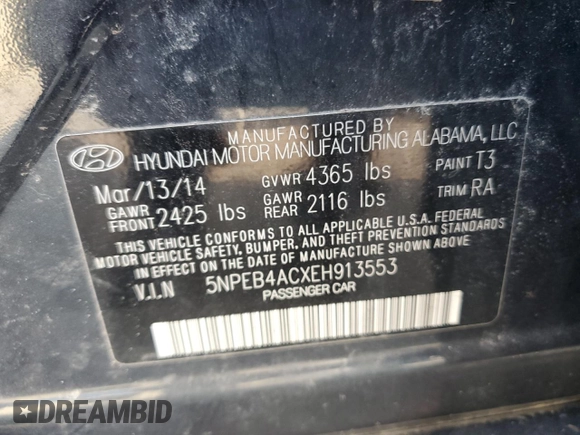 2014 Hyundai Sonata GLS with VIN 5NPEB4ACXEH913553, listed as a Copart auction lot 63059734 with 147,885 mi miles and Salvage Title. Bid and sale history available at carsss.com. Image 14.