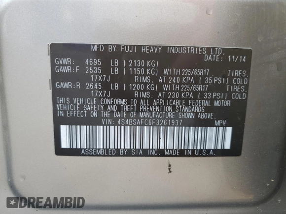 2015 Subaru Outback Premium with VIN 4S4BSAFC6F3261937, listed as a Copart auction lot 63202615 with 72,693 mi miles and Salvage title. Bid and sale history available at DreamBid. Image 14.