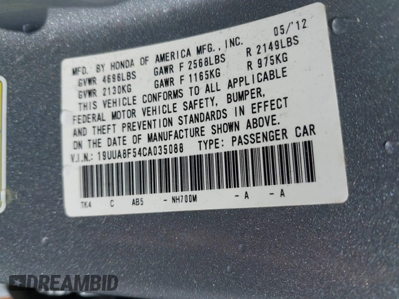 2012 Acura TL Tech Auto with VIN 19UUA8F54CA035088, listed as a IAAI auction lot 41934454 with 1 mi miles. Bid and sale history available at carsss.com. Image 9.