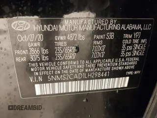 2020 Hyundai Santa Fe SE with VIN 5NMS2CAD1LH298441, listed as a IAAI auction lot 42333092 with 80,458 mi miles and . Bid and sale history available at DreamBid. Image 9.