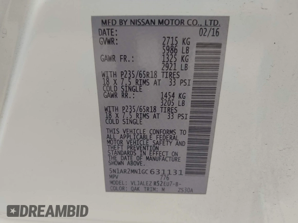 2016 Nissan Pathfinder S with VIN 5N1AR2MN1GC631131, listed as a IAAI auction lot 42377587 with 158,663 mi miles and . Bid and sale history available at DreamBid. Image 9.