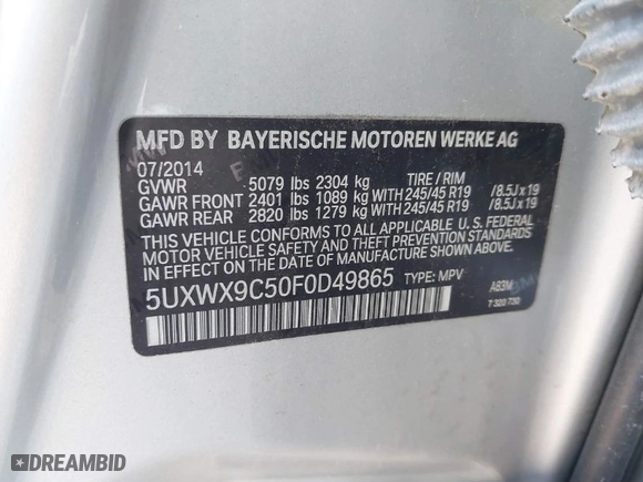 2015 BMW X3 xDrive28i with VIN 5UXWX9C50F0D49865, listed as a IAAI auction lot 41212472 with 66,023 mi miles. Bid and sale history available at carsss.com. Image 9.