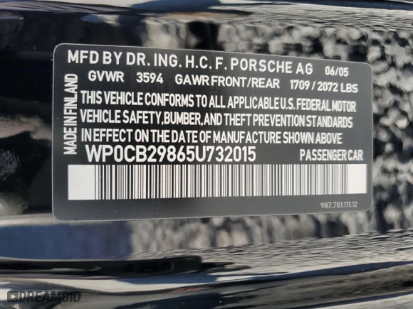 2005 Porsche Boxster S with VIN WP0CB29865U732015, listed as a Copart auction lot 42557885 with 15,886 mi miles and Salvage Title. Bid and sale history available at carsss.com. Image 13.