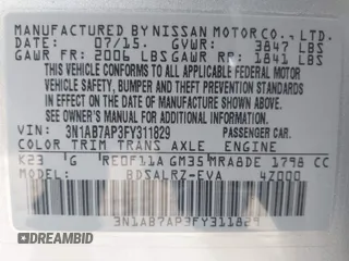 2015 Nissan Sentra S with VIN 3N1AB7AP3FY311829, listed as a IAAI auction lot 41903859 with 181,519 mi miles and . Bid and sale history available at DreamBid. Image 9.