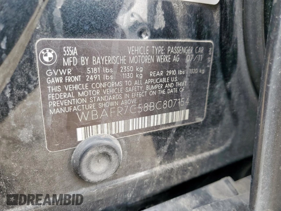 2011 BMW 5 Series 535i z VIN WBAFR7C58BC807154, wystawiony jako Copart lot #56888895 z przebiegiem Nie podano mil oraz Szkoda całkowita • Salvage title. Historia ofert i sprzedaży dostępna na DreamBid. Obrazek 12.