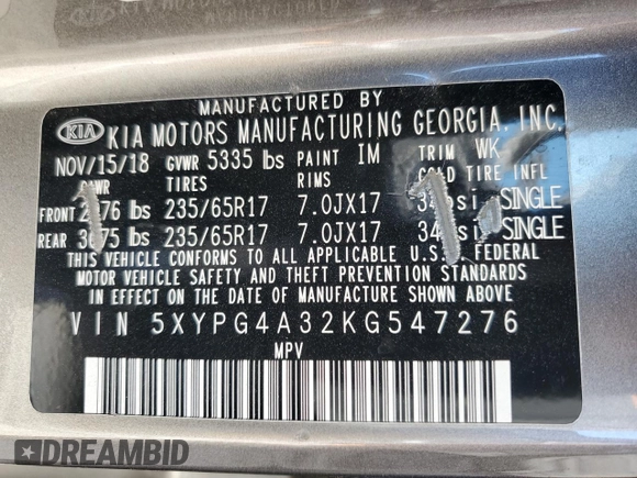 2019 Kia Sorento L with VIN 5XYPG4A32KG547276, listed as a Copart auction lot 41465775 with 75,208 mi miles and Salvage Title. Bid and sale history available at DreamBid. Image 13.
