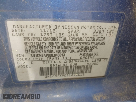 2013 Nissan Versa SV with VIN 3N1CN7AP0DL846613, listed as a IAAI auction lot 42461000 with 179,909 mi miles and . Bid and sale history available at DreamBid. Image 9.
