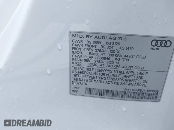 2015 Audi Q7 S line Prestige with VIN WA1DGAFE7FD021509, listed as a IAAI auction lot 41724235 with 135,486 mi miles and . Bid and sale history available at DreamBid. Image 9.