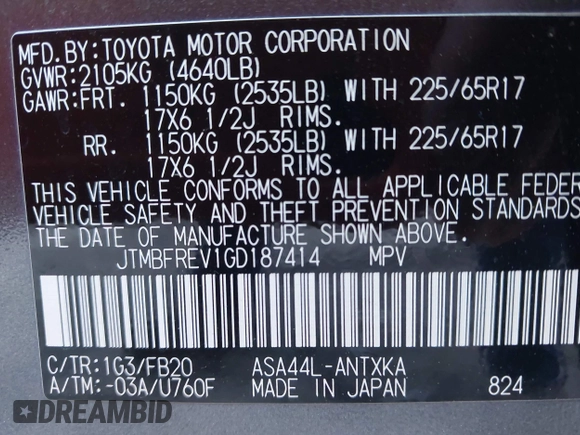 2016 Toyota RAV4 LE with VIN JTMBFREV1GD187414, listed as a IAAI auction lot 42033130 with 123,955 mi miles and . Bid and sale history available at carsss.com. Image 9.
