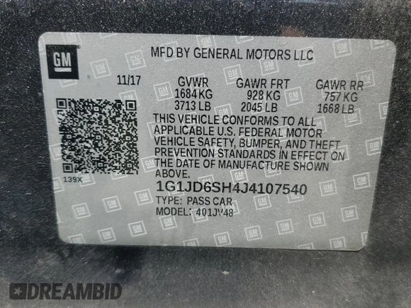 2018 Chevrolet Sonic LT z VIN 1G1JD6SH4J4107540, wystawiony jako Copart lot #50816905 z przebiegiem Nie podano mil oraz Szkoda całkowita • Salvage title. Historia ofert i sprzedaży dostępna na DreamBid. Obrazek 14.