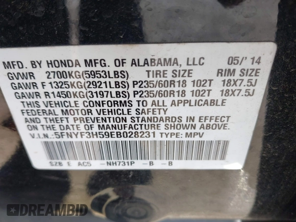 2014 Honda Pilot EX-L with VIN 5FNYF3H59EB028231, listed as a IAAI auction lot 41335724 with 112,614 mi miles. Bid and sale history available at carsss.com. Image 9.