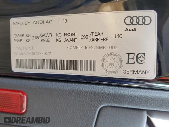 2020 Audi A4 Premium Plus with VIN WAUENAF49LN005872, listed as a Copart auction lot 48748015 with Not provided miles and Salvage title. Bid and sale history available at DreamBid. Image 12.