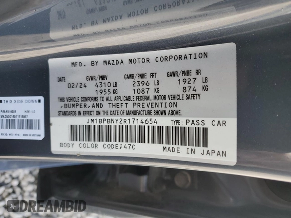 2024 Mazda 3 Premium Plus with VIN JM1BPBNY2R1714654, listed as a Copart auction lot 51265435 with 1,426 mi miles and Salvage title. Bid and sale history available at DreamBid. Image 15.