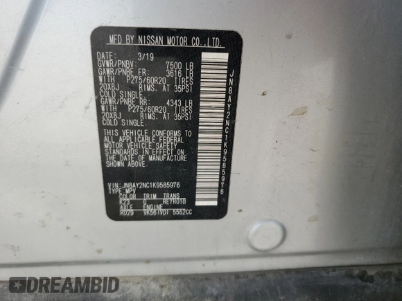 2019 Nissan Armada SV with VIN JN8AY2NC1K9585976, listed as a Copart auction lot 67952834 with 132,661 mi miles and Salvage Title. Bid and sale history available at carsss.com. Image 14.