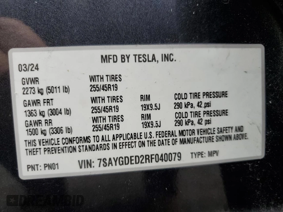 2024 Tesla Model Y с VIN 7SAYGDED2RF040079, выставлен на аукционе Copart как лот 61415675 с пробегом 2 549 миль миль и На запчасти • Non repairable. История ставок и продаж доступна на DreamBid. Изображение 12.