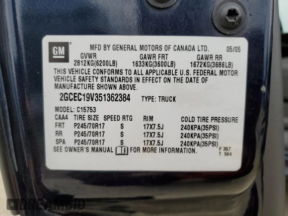 2005 Chevrolet Silverado 1500 LS with VIN 2GCEC19V351362384, listed as a Copart auction lot 45814565 with 78,348 mi miles and Salvage Title. Bid and sale history available at DreamBid. Image 12.