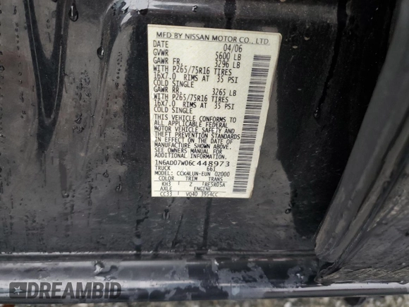 2006 Nissan Frontier LE z VIN 1N6AD07W06C448973, wystawiony jako Copart lot #48249335 z przebiegiem 192 026 mil mil oraz Szkoda całkowita • Salvage title. Historia ofert i sprzedaży dostępna na DreamBid. Obrazek 13.