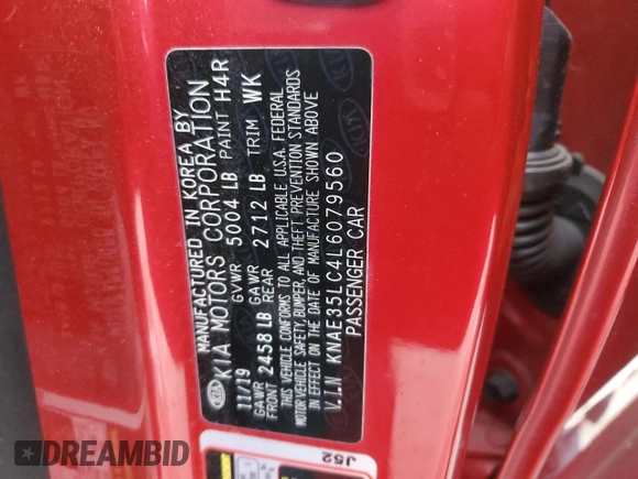 2020 Kia Stinger GT with VIN KNAE35LC4L6079560, listed as a Copart auction lot 89122095 with Not Provided miles and Salvage Title. Bid and sale history available at DreamBid. Image 12.